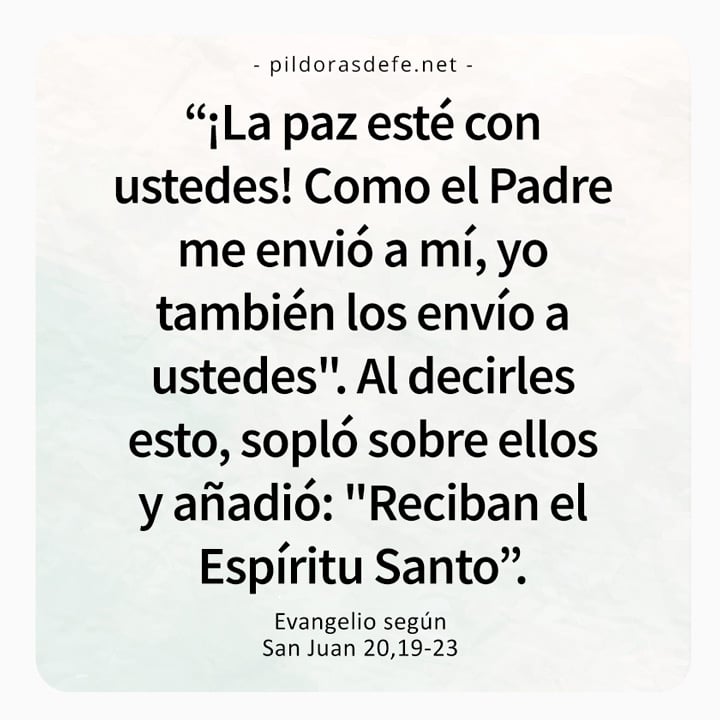 Cita bíblica del Evangelio de hoy (Juan 20-19-23): La paz esté con ustedes... Reciban al Espíritu Santo