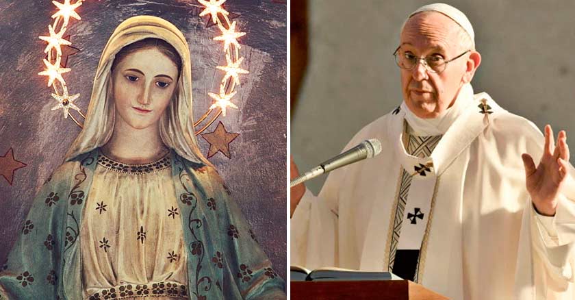 papa  francisco con manos alzadas microfono virgen maria corona de estrellas